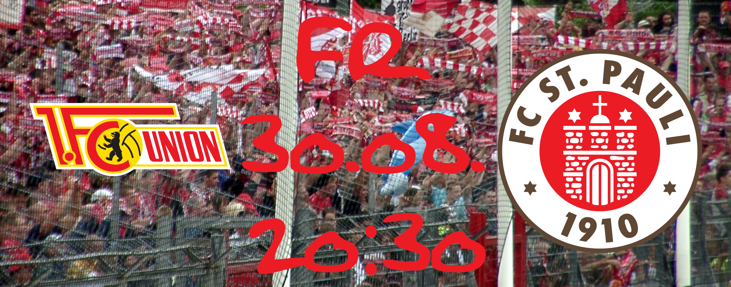 Wappen vom 1. FC Union Berlin und FC St. Pauli und dem Spieldatum (01.09.2024, 13:00) vor einem Foto vom Gästeblock im Millerntor-Stadion beim Spiel FC St. Pauli gegen Union Berlin am 02. September 2006