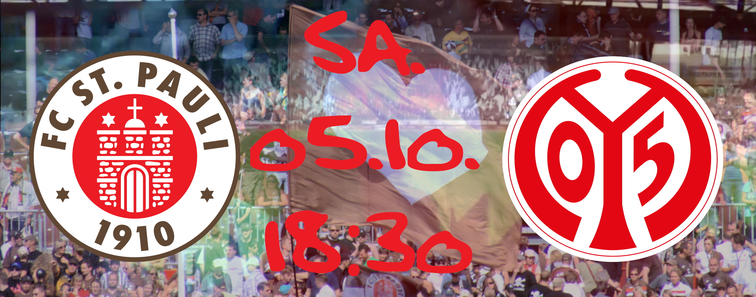 Wappen vom FC St. Pauli und 1. FSV Mainz 05 vor einer Foto-Collage mit Herzflagge etc. mit dem Spieldatum (05.10.2024, 18:30)